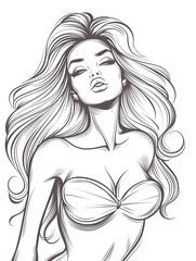 Wall Mural - A woman with long hair and a bra is drawn in black and white. The drawing is of a woman with a sexy and confident look