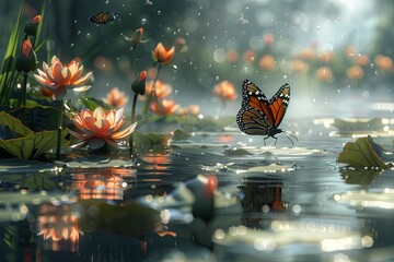 heyun,(overlook:1.2),(transparency:1.4),floating on water,lotus pond,lotus leaves with butterfly