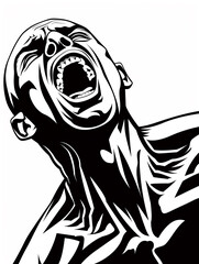 Wall Mural - A man with his mouth wide open, screaming. The image is black and white, and the man's expression is intense. Scene is one of fear or anger, as the man's open mouth