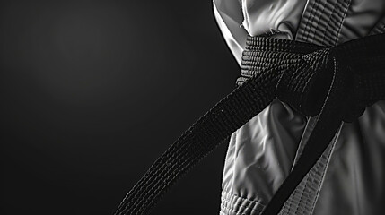 low-angle view of a black belt on a pristine white budo gi, monochrome, softly blurred black backgro