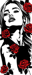 Wall Mural - A woman with long hair is surrounded by red roses
