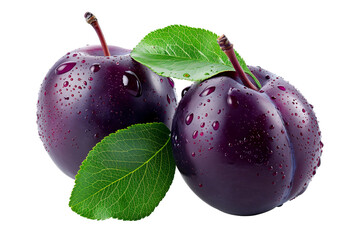 Wall Mural - Closeup of fresh, juicy plums with water droplets and green leaves isolated on white transparent background