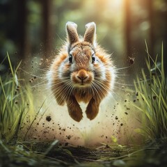 Wall Mural - High-speed photography of a Rabbit Jumping in the tall grass, motion blur and a fast shutter speed