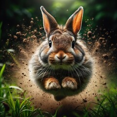 Wall Mural - High-speed photography of a Rabbit Jumping in the tall grass, motion blur and a fast shutter speed