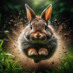 Poster - High-speed photography of a Rabbit Jumping in the tall grass, motion blur and a fast shutter speed