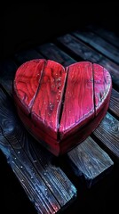 Wall Mural - Red wooden heart on a dark wooden surface, symbolizing love and simplicity, rustic indoor photography