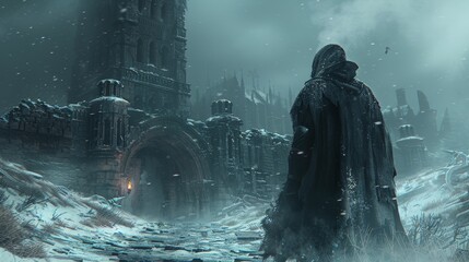 The fantasy figure stands at the creepy open gate of an ominous snow-covered city with Gothic ruins of a cathedral in a blizzard surrounded by 2d art