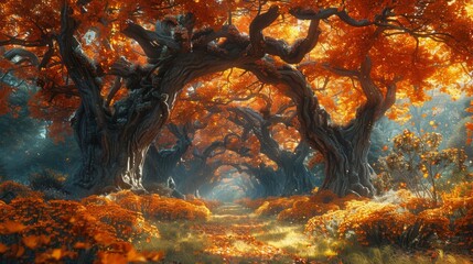 Magic kingdom forest, majestic ancient old oak trees towering high over the mystical woodland glade in warm autumn colors. Surreal art illustration of an enchanted magical kingdom forest.