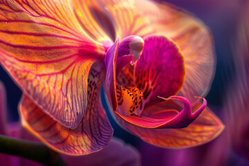 Wall Mural - Close Up Vibrant Orchid Bloom, Detailed Petals and Rich Colors in Soft Light