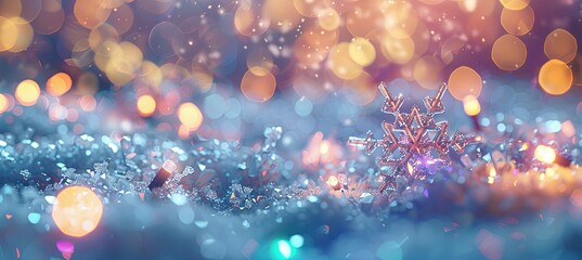 Real Snowdrift With Acrylic Crystals, Snowflakes On Snow With Bokeh Of Christmas Lights