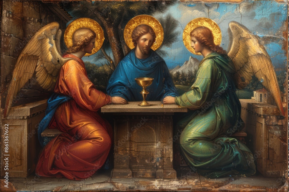 Sacred representation: icon depicting holy trinity, featuring god the ...