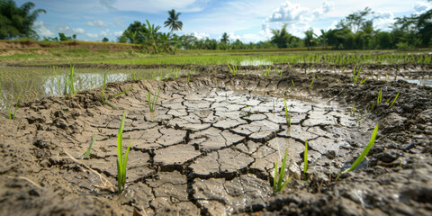 Cracked Earth in Drought Affected Rice Field Under Blue Sky