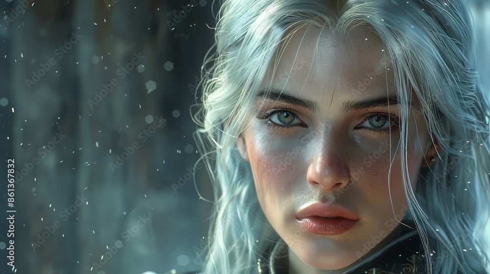 The portrait of a fantasy dark elf female warrior with white long hair ...