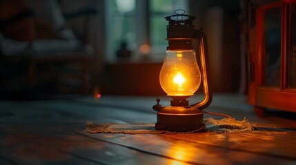 Poster - Warm and Nostalgic Glow of an Oil Lamp in a Dimly Lit Room with Copy Space