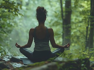 Poster - Silhouetted figure meditating in serene forest setting focusing on mindfulness and inner peace