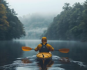 Poster - Solitary Kayak Gliding on a Misty Lake Surrounded by Lush Woodland Scenery