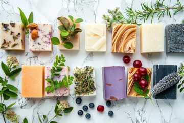Wall Mural - Top view of assorted variety of different handmade soap bars with natural ingredients, herbs, berries on white stone background. Skin care and organic soap making concept, spa cosmetic treatment .
