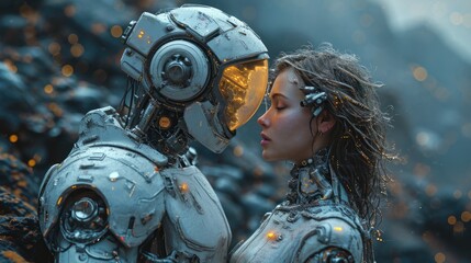 Wall Mural - The side view of the couple of human and robot that has traveling to the various place on the land but yet it looks like couple still trying to find a love and next target of the exploration. AIGX03.
