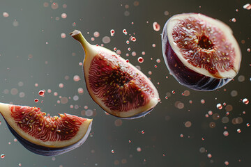 Wall Mural - Floating Fresh Fig Halves with Water Droplets against Dark Background