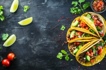 Wall Mural - Top view of Mexican tacos with meat, tomato salsa, avocado, herbs in yellow corn tortilla on black rustic stone background with copy space. Traditional Mexican dish for lunch or dinner