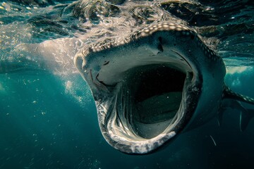 Poster - Underwater photograph of whale shark with wide open mouth feeding at the surface