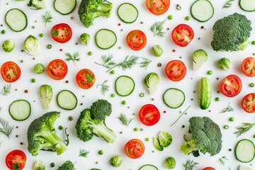 Wall Mural - Vegetables food pattern made of broccoli, Brussels sprouts, cucumber, cut tomatoes, herbs, light pastel background. Minimal flat lay design about nutrition, healthy eating, diets, vitamins. Top view
