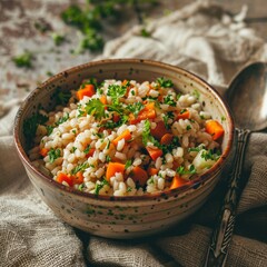 Wall Mural - A bowl of cooked barley with mixed vegetables, garnished with parsley, placed on a rustic tablecloth with natural light enhancing its textures