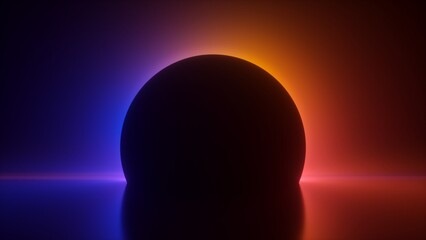 Wall Mural - 3d render illustration of dark black sphere against a radiant vibrant gradient backdrop. Mysterious silhouette against rainbow gradient. Black hole with ambiance light effect.