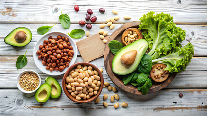 Vegan protein food composition with editable text and pile with cashew nuts avocado beans and lettuce, top view