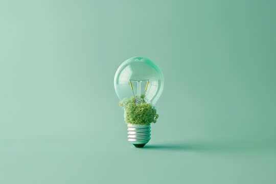 Green light bulb with plant inside on green background with copy space for travel and business inspiration
