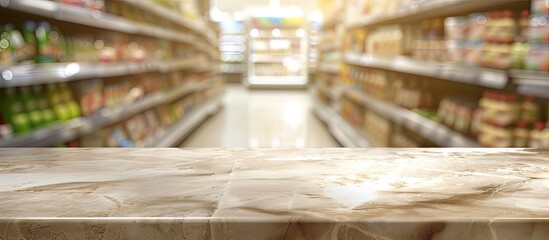 Aufkleber - Marble top table with copy space image amid a blurred supermarket backdrop.