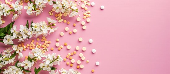 Canvas Print - Top view flat lay of vitamins pills and white flowers on a pink background with copy space image.