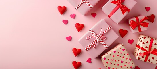 Poster - Pink background with gift boxes featuring red hearts and room for text in the image. copy space available