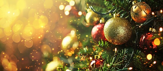 Aufkleber - Close-up view of a Christmas tree adorned with shiny gold and red ornaments, with an ideal space for a copy space image.