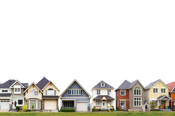 Row of detailed miniature model houses. Suburban neighborhood isolated on white background