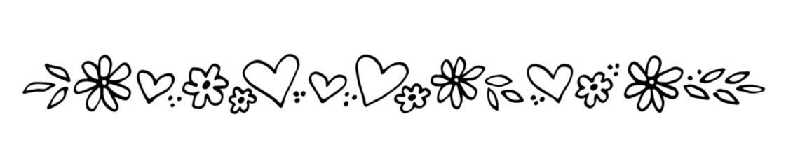 Wall Mural - Long flower garland, border, divider. Celebrating Valentine's Day, love. Small flowers, hearts. Simple vector drawing with black outline. Sketch in ink.
