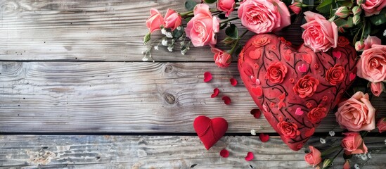 Leinwandbilder - Valentine's Day background with a red heart pillow and pink roses on a textured wooden surface, ideal for a postcard, featuring copy space image in a top view panorama.