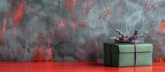 Sticker - A green gift box with purple dried flowers is placed on a red table against a gray wall background with copy space image.