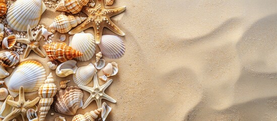 Poster - Seashells and starfish border on sandy summer background with ample copy space image.