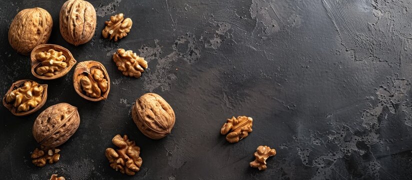 Aerial view of shelled walnuts on a dark concrete surface with a single walnut and ample copy space on a dark backdrop for adding text next to it.