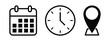© MKInayem - date, time, address location icon set. calendar, clock and map symbol for event, meeting, wedding, schedule, invitation card design element. transparent vector illustration.