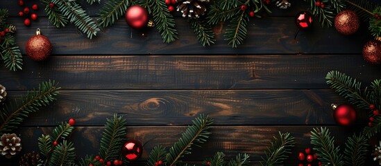 Aufkleber - Dark wooden Christmas background featuring a fir tree, decorations, and copy space image.