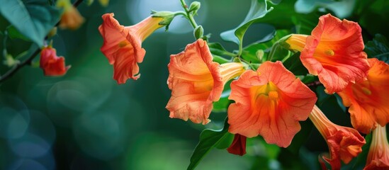 Aufkleber - Close-up image of vibrant red and orange Trumpet vine flowers blooming against a backdrop of lush green leaves, offering ample copy space.