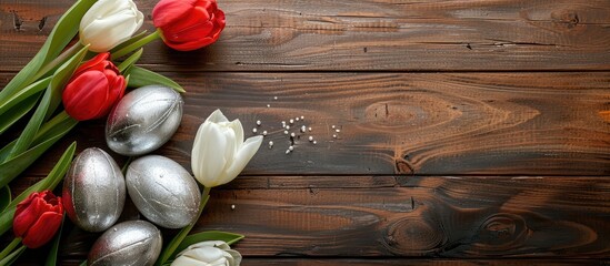 Aufkleber - Colorful silver Easter eggs and tulips set on a brown wooden backdrop in a top view composition with a copy space image, creating a cheerful Easter-themed background.