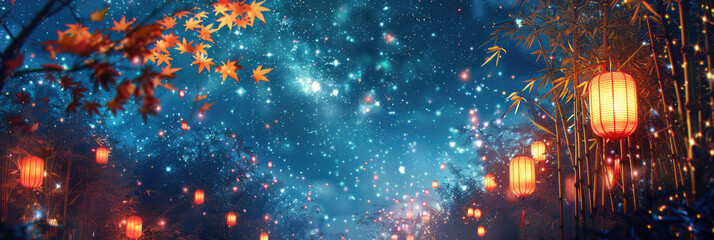 Chinese Qixi festival, Chilseok,Tanabata, Abstract festive background. Bamboo branches,Night sky, Milky way,shining lanterns, shining stars on a dark background. Banner. Copy space.