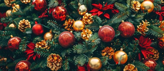 Aufkleber - Close-up view of a Christmas tree adorned with shiny gold and red ornaments, with an ideal space for a copy space image.
