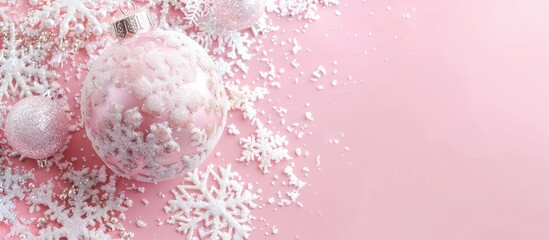 Wall Mural - Top-down view of a Christmas ball with snowflakes on a light pastel pink background, forming an ornamental corner border frame ideal for a copy space image.