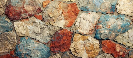 Aufkleber - Vintage wallpaper background featuring sections of an aged stone wall in hues of red, brown, and blue with ample room for copy space image.