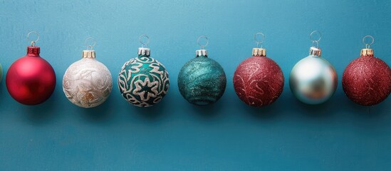 Aufkleber - Festive Christmas tree ornaments arranged on a blue background with copy space image.
