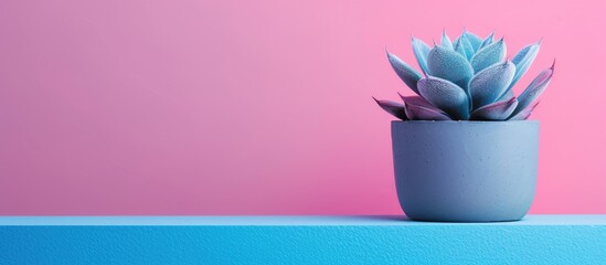 Poster - Succulent plant in gray pot on blue and pink backdrop with copy space image.